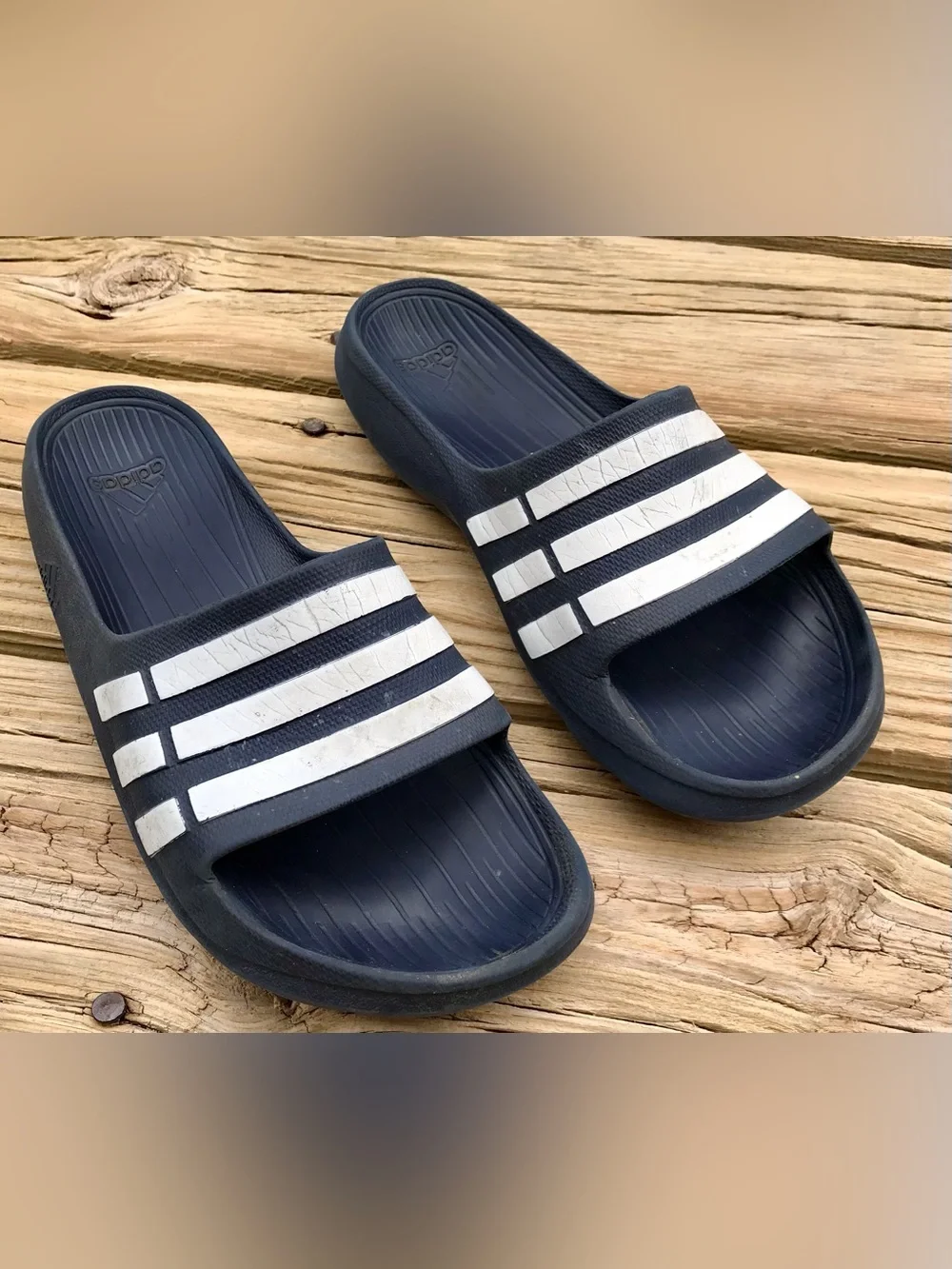 2 Pair Mens 6 7 Womens 8 9 ADIDAS Black Navy Blue Stripe Slide Sandals